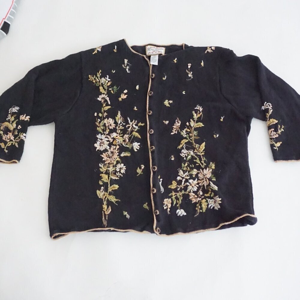 Vintage Heirloom Collectibles Black Gold Floral Embroidered Knit Cardigan 22/24